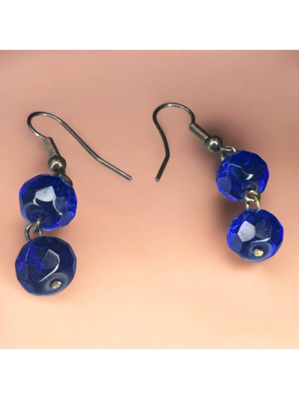 Faceted Cobalt Blue Bead Dangle Earrings With Silver-Tone Hooks 2 Inches Long